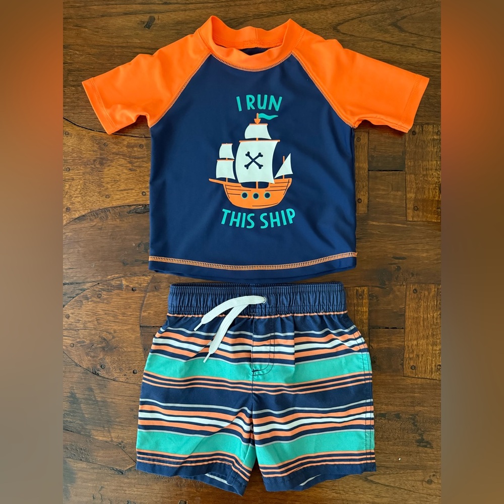 Carter's Blue and Orange Rashguard Swim Set Nautical Design